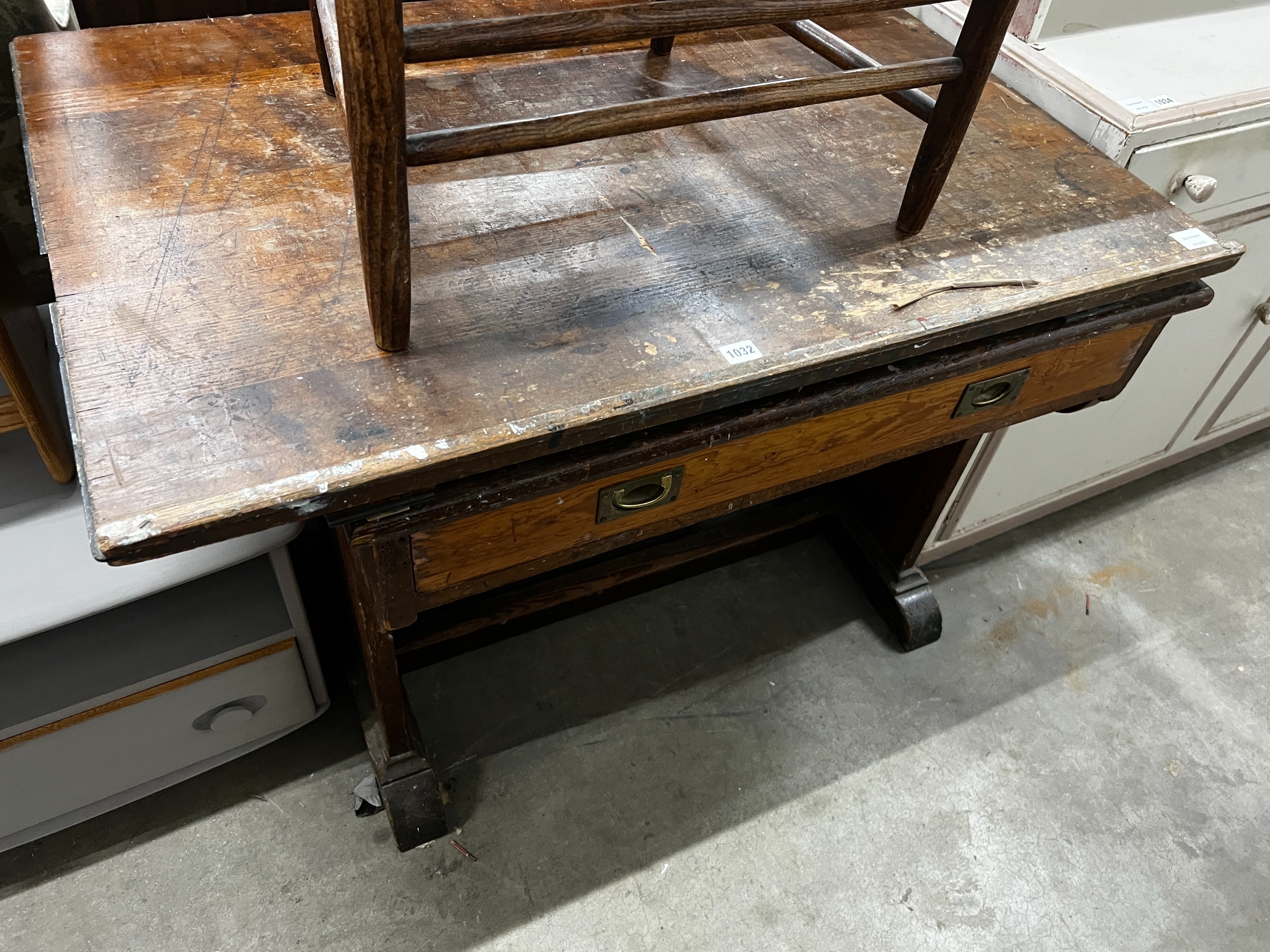 A Victorian provincial pitch pine architects table, length 107cm, depth 73cm, height 83cm